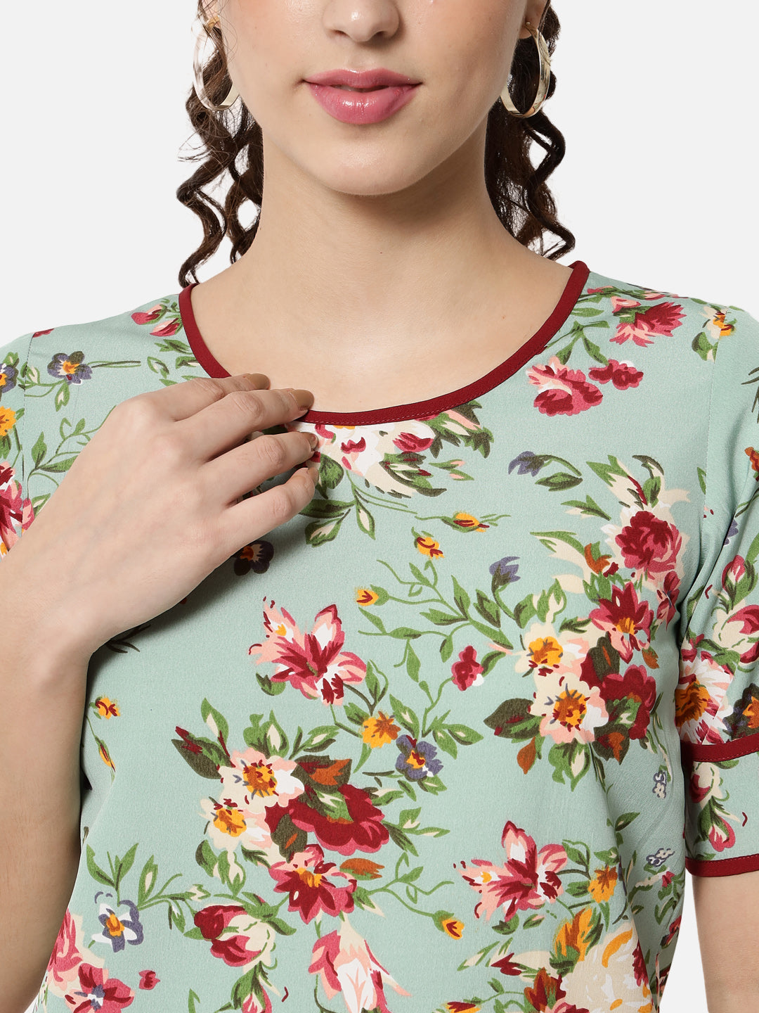 Light Green Floral Half Sleeve Top for Women