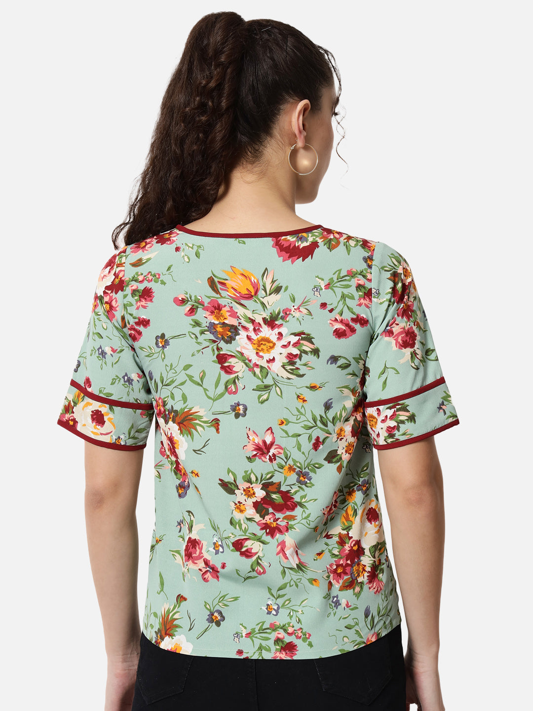 Light Green Floral Half Sleeve Top for Women
