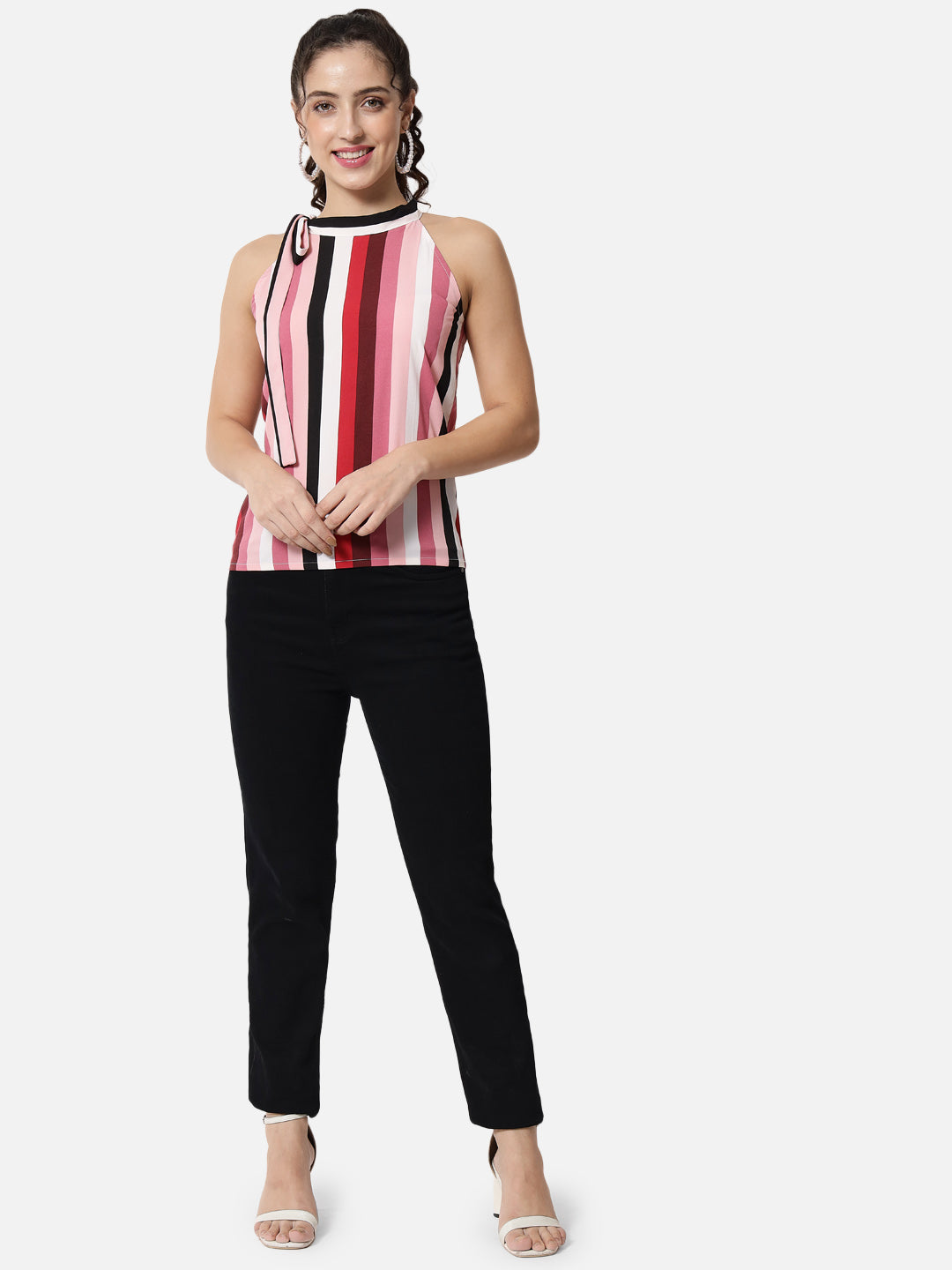 Multicolor Stripes Tie-Up Neck Top for Women