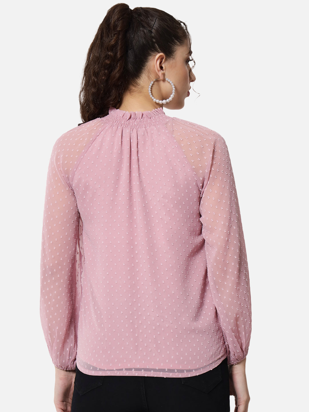 Pink Swiss Dot Mock Neck Top for Women