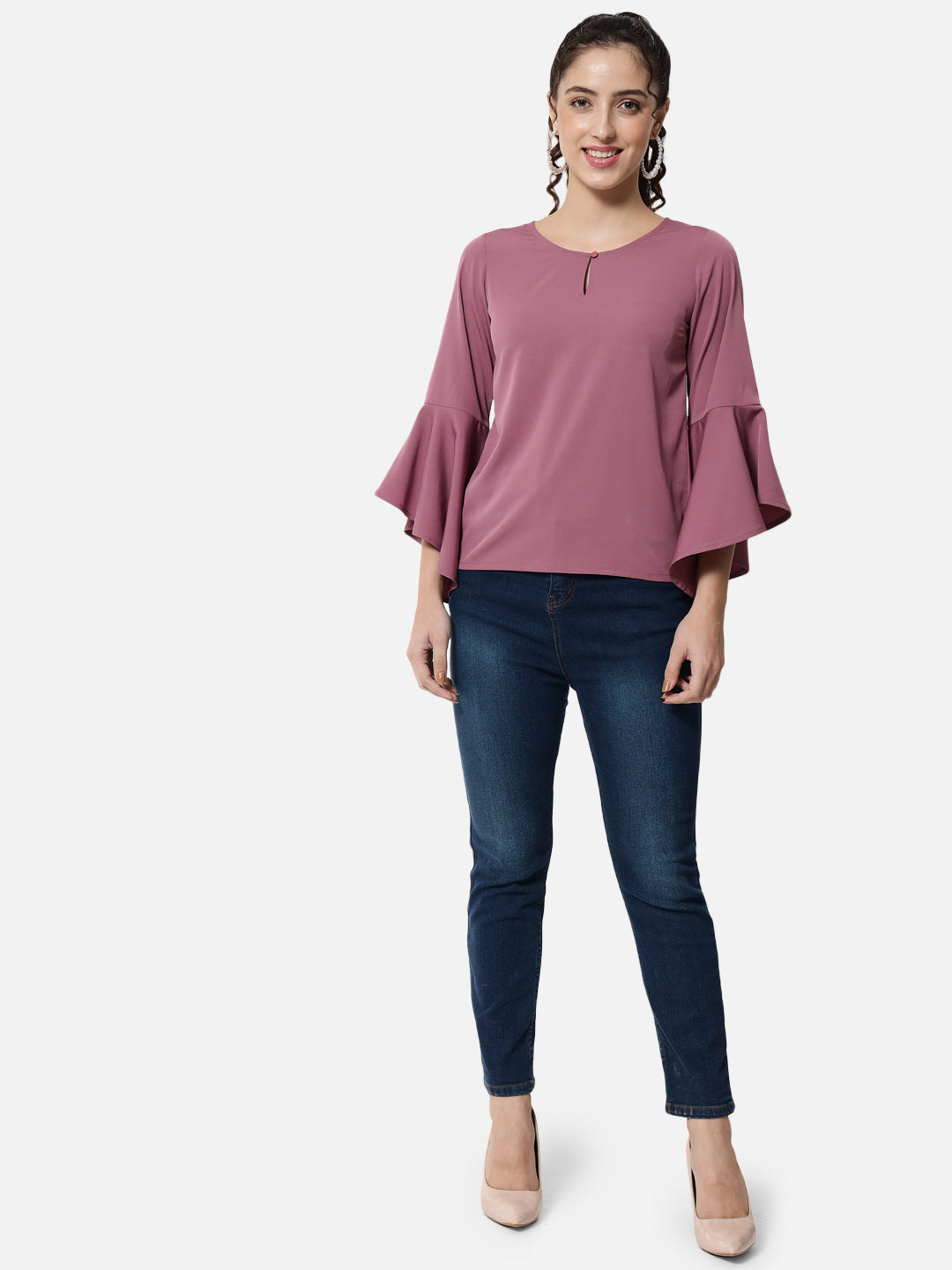 Solid Pink Keyhole Neck Top for Women