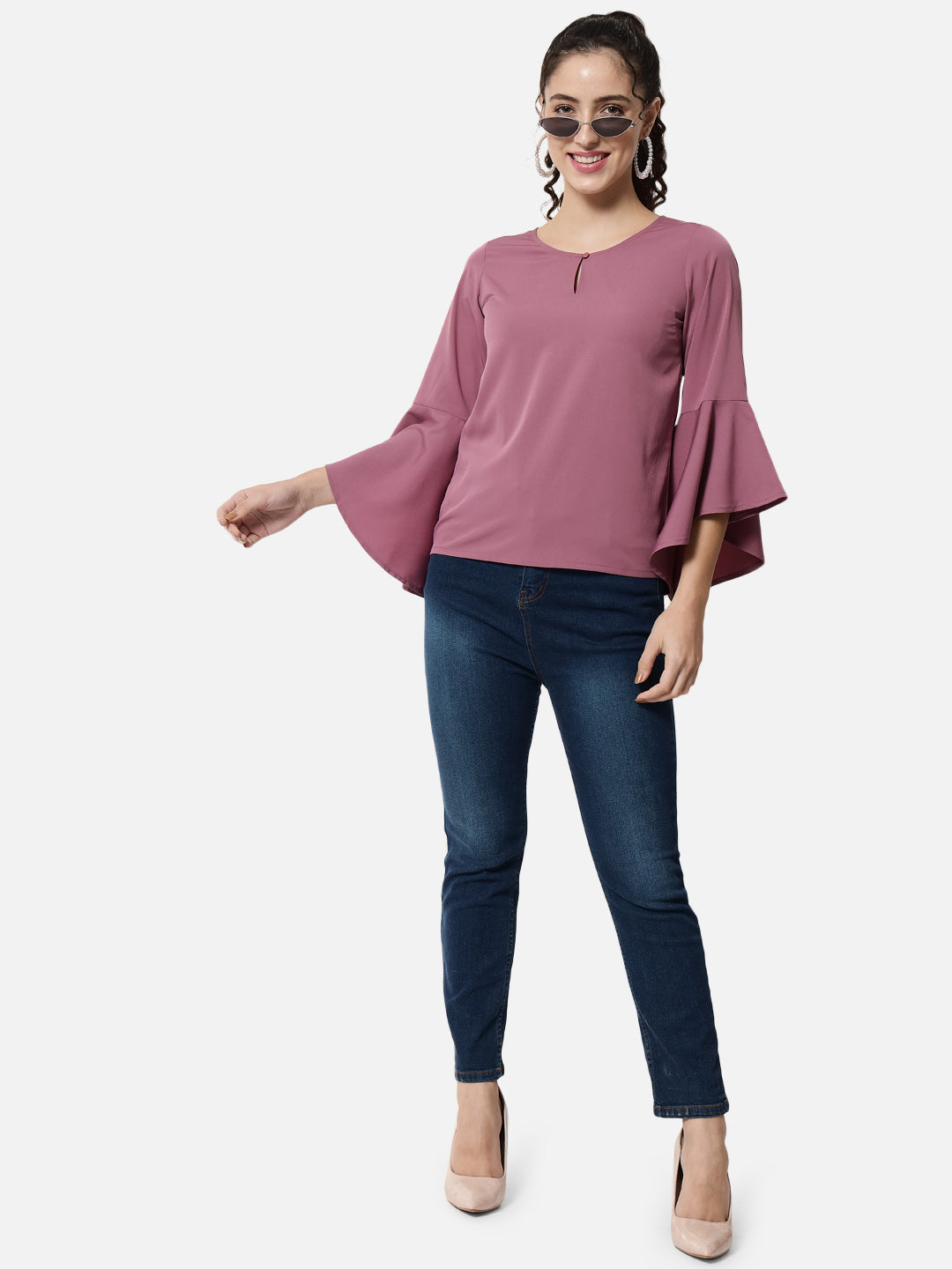 Solid Pink Keyhole Neck Top for Women