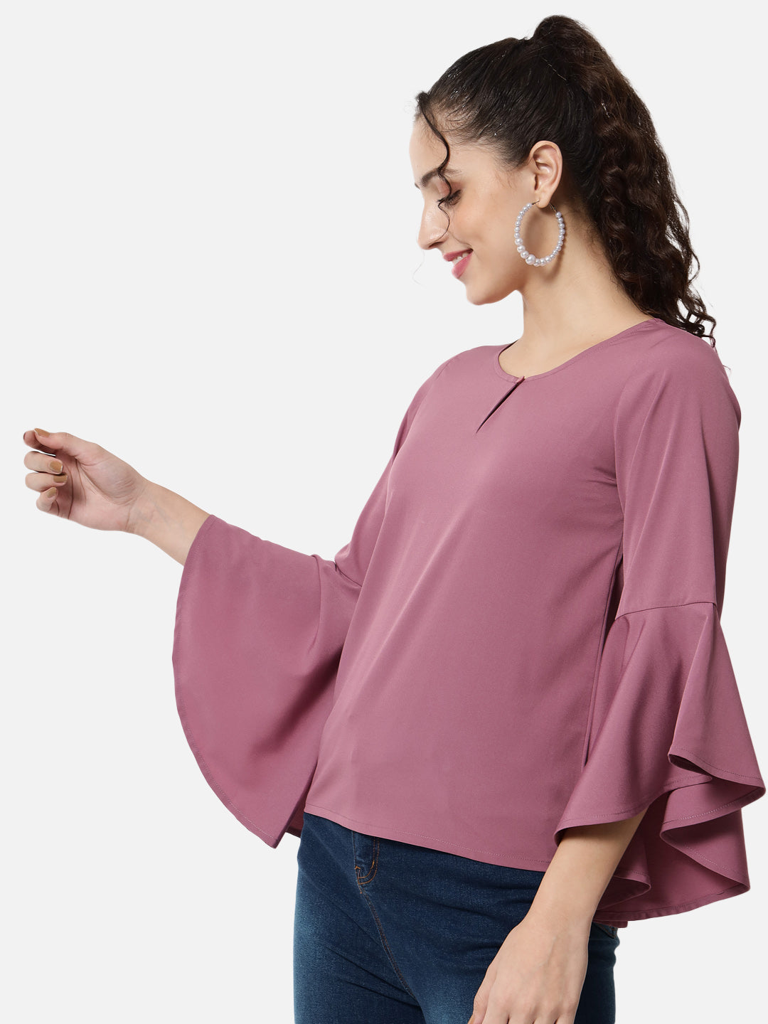 Solid Pink Keyhole Neck Top for Women