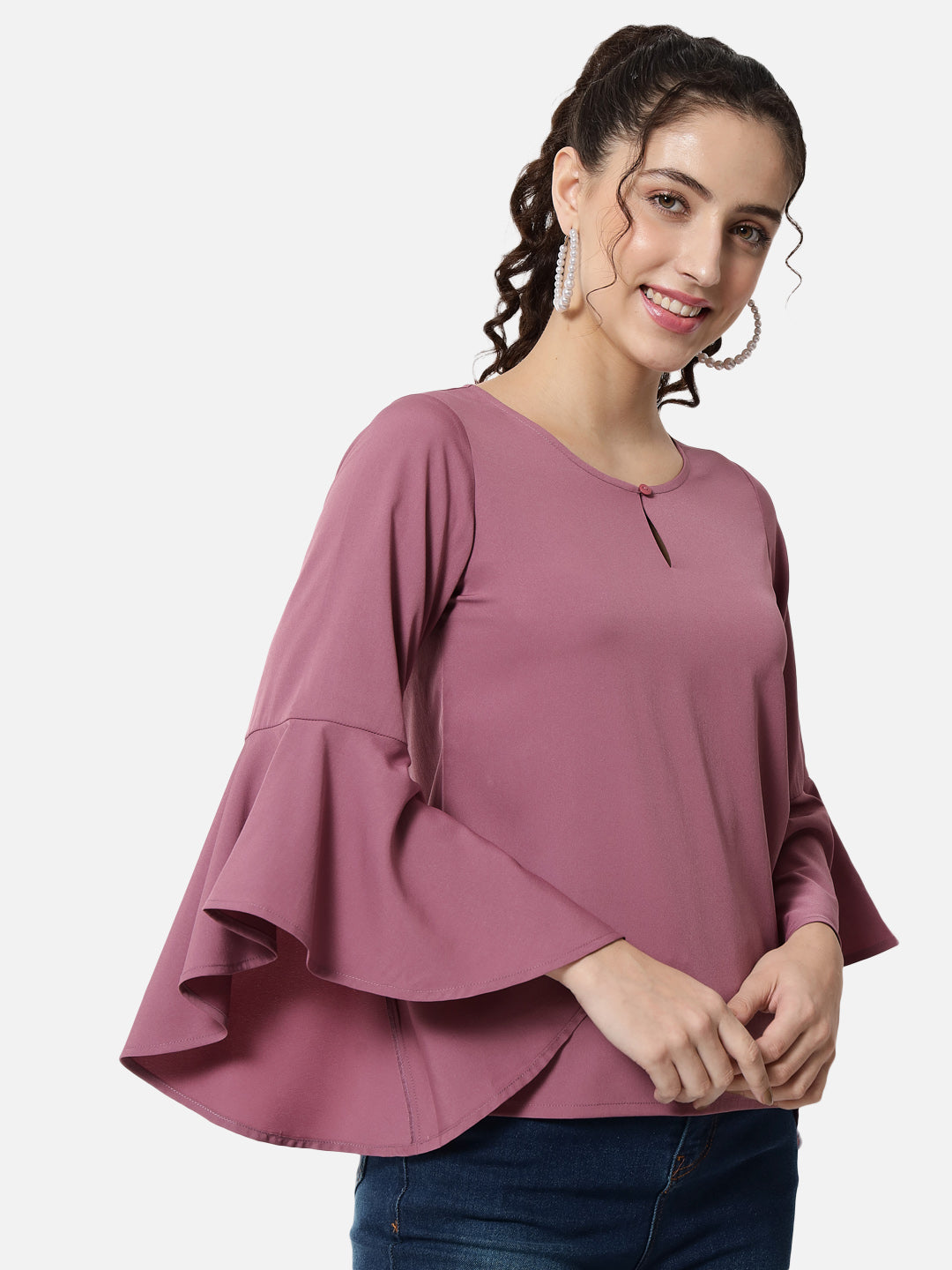 Solid Pink Keyhole Neck Top for Women