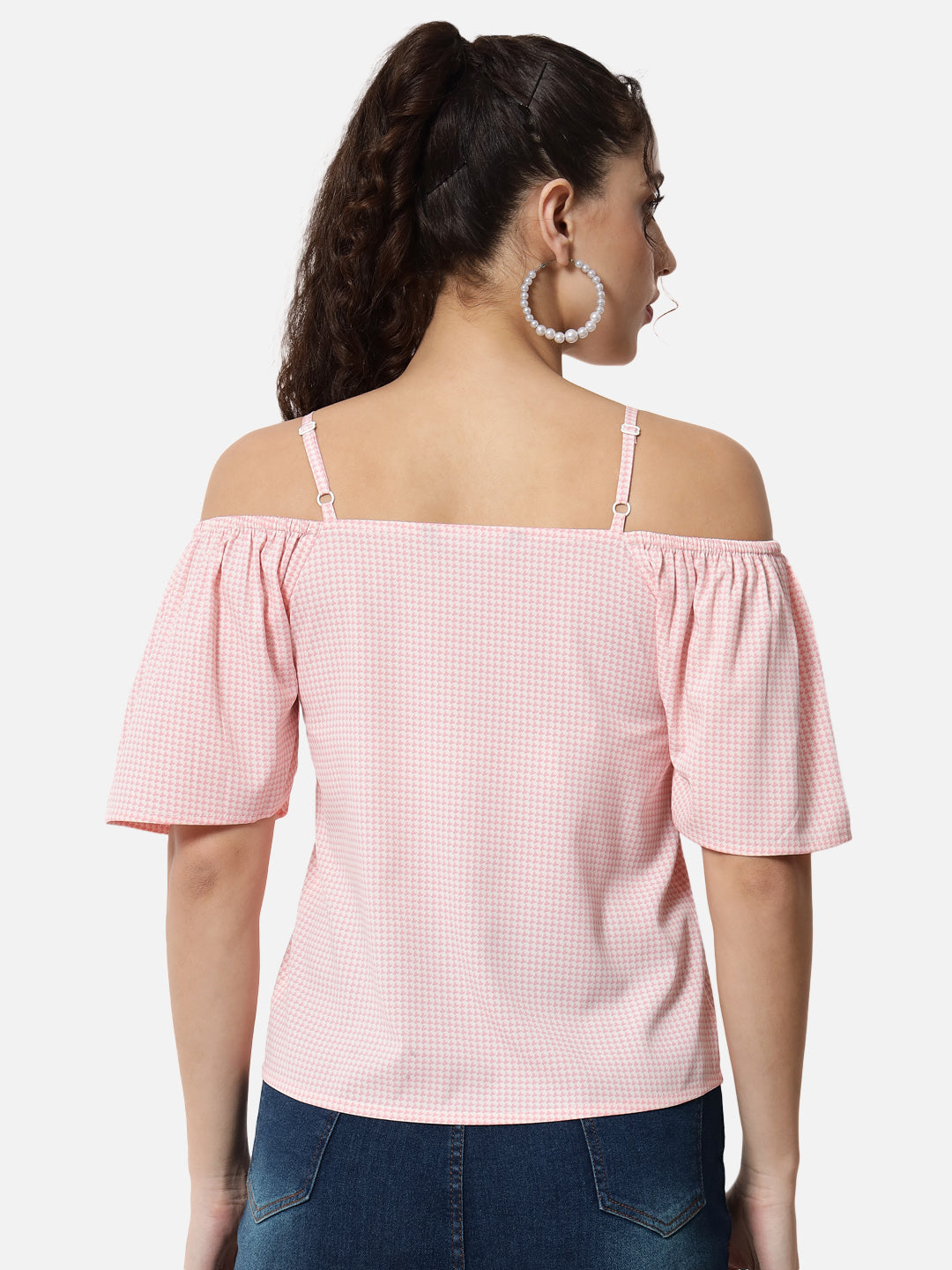 Pink Houndstooth Printed Cold Shoulder Top for Women