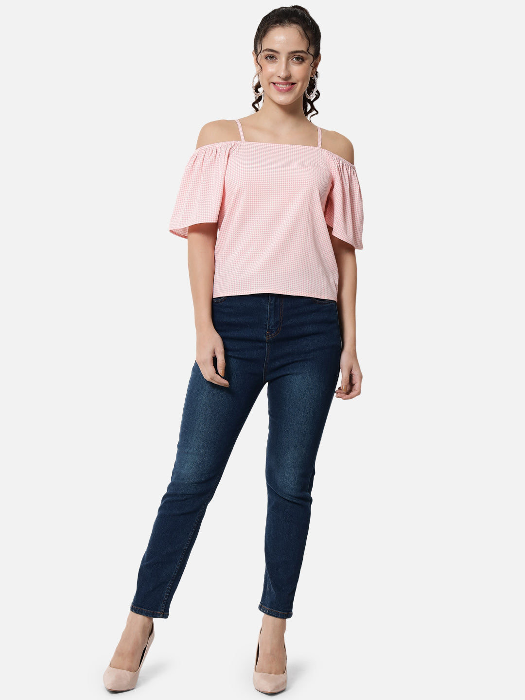 Pink Houndstooth Printed Cold Shoulder Top for Women