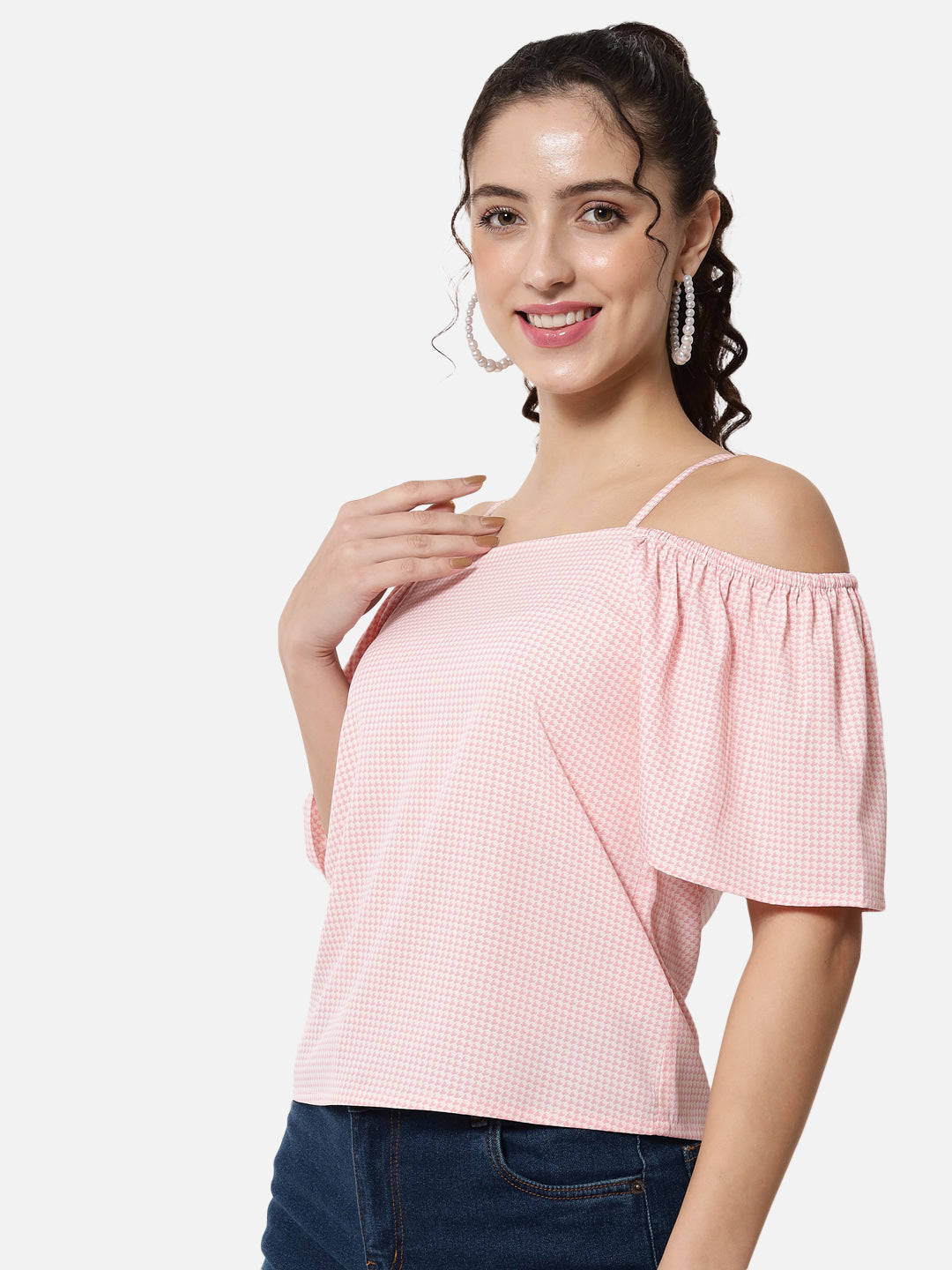 Pink Houndstooth Printed Cold Shoulder Top for Women