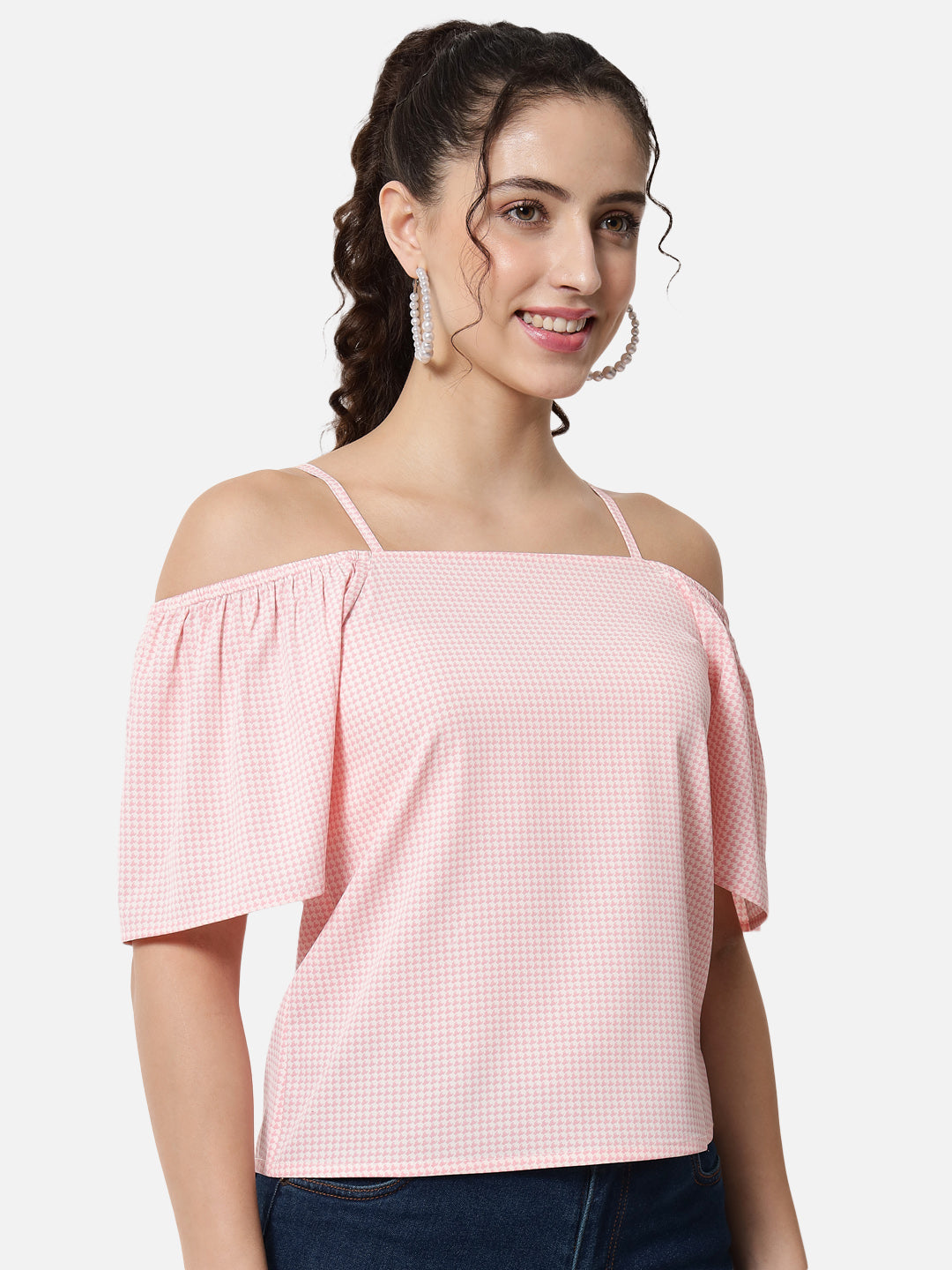 Pink Houndstooth Printed Cold Shoulder Top for Women