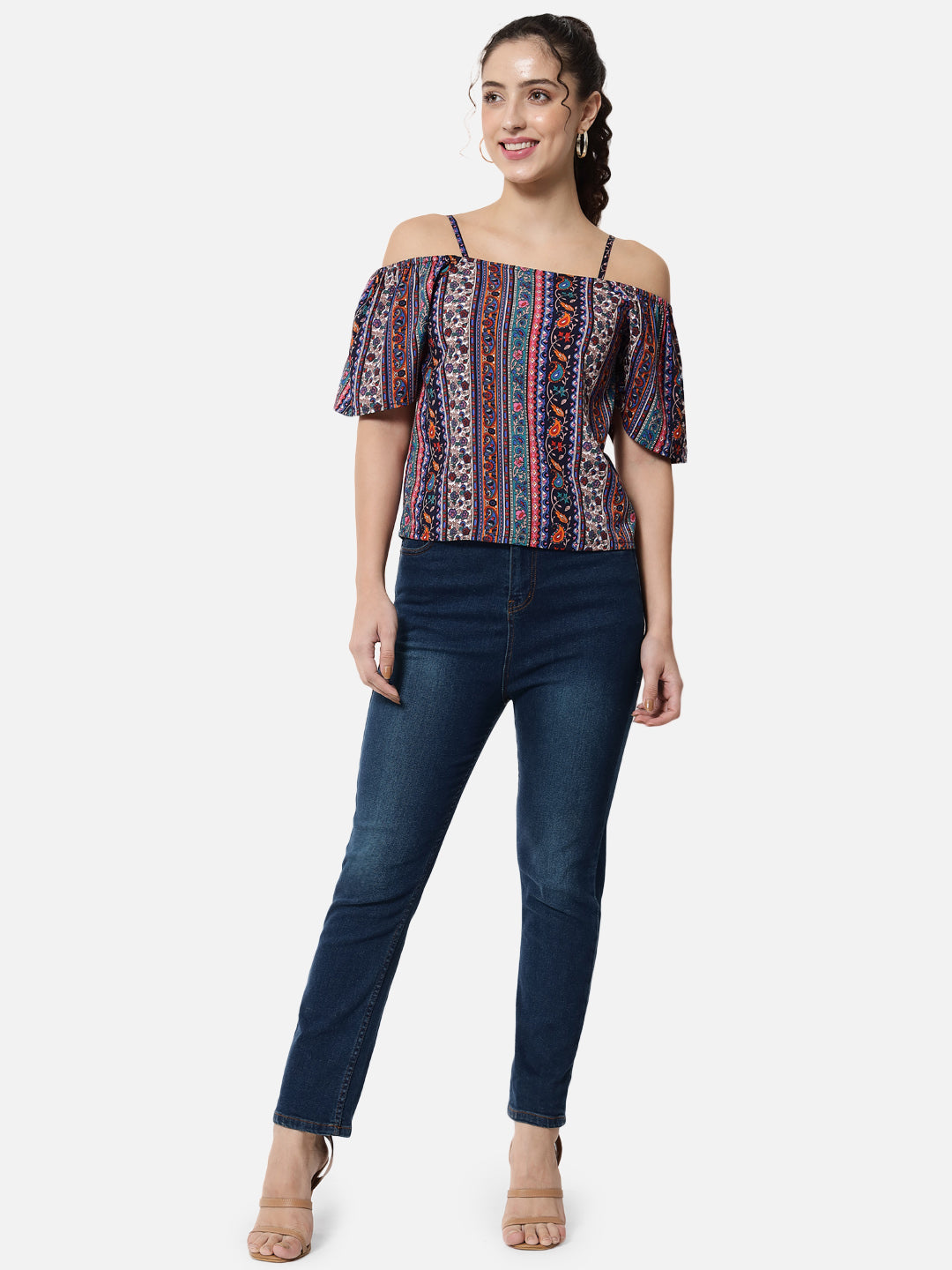 Multicolor Printed Cold Shoulder Top for Women