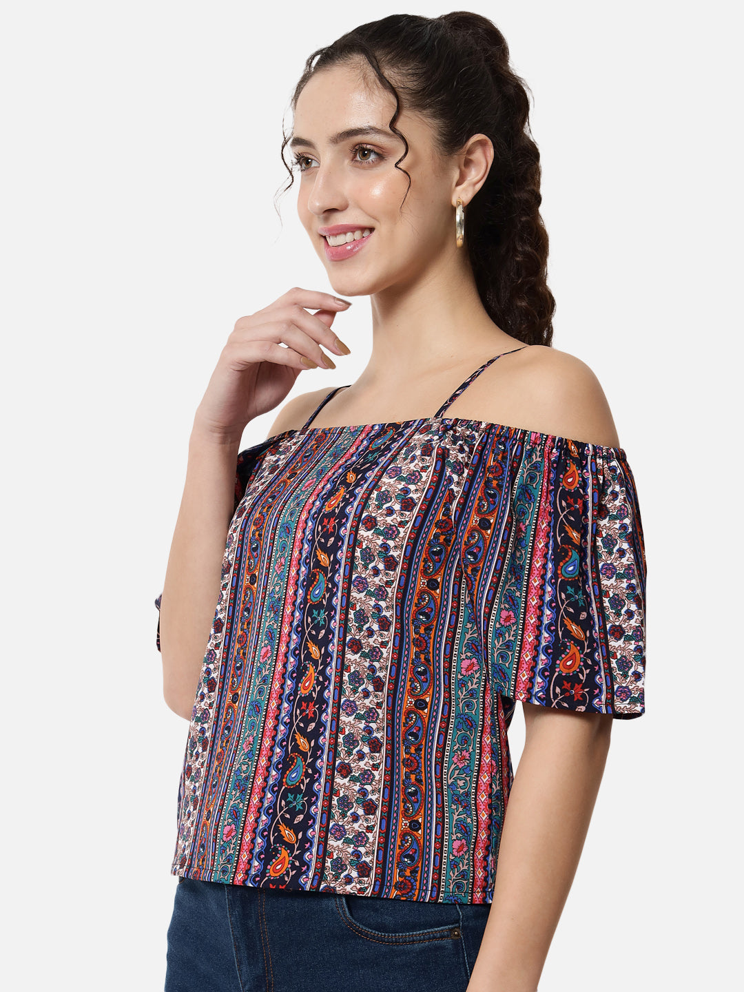 Multicolor Printed Cold Shoulder Top for Women