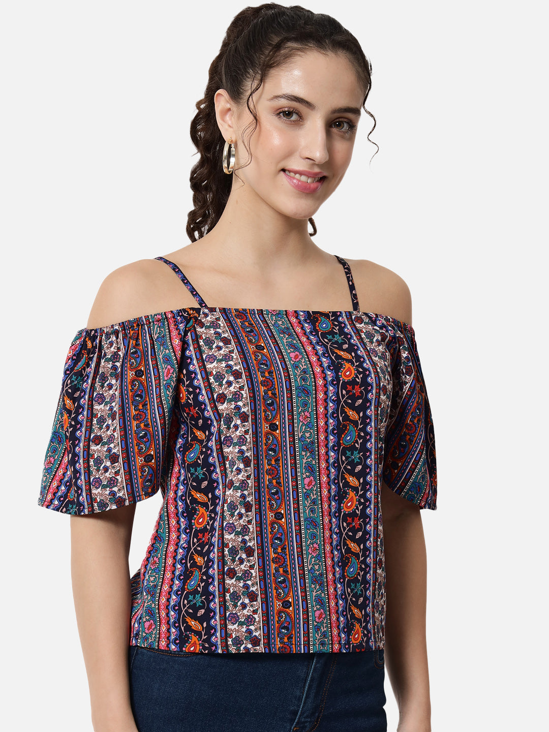 Multicolor Printed Cold Shoulder Top for Women