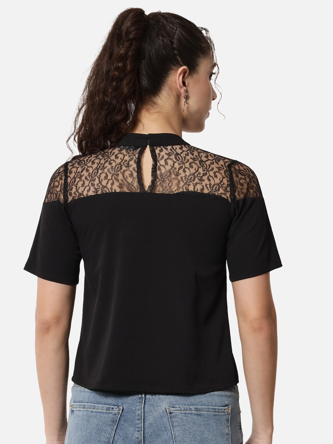 Black Solid Mock Neck Top for Women