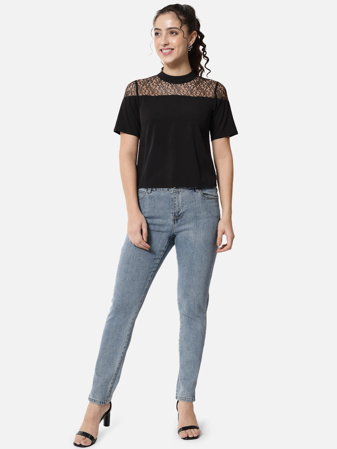 Black Solid Mock Neck Top for Women