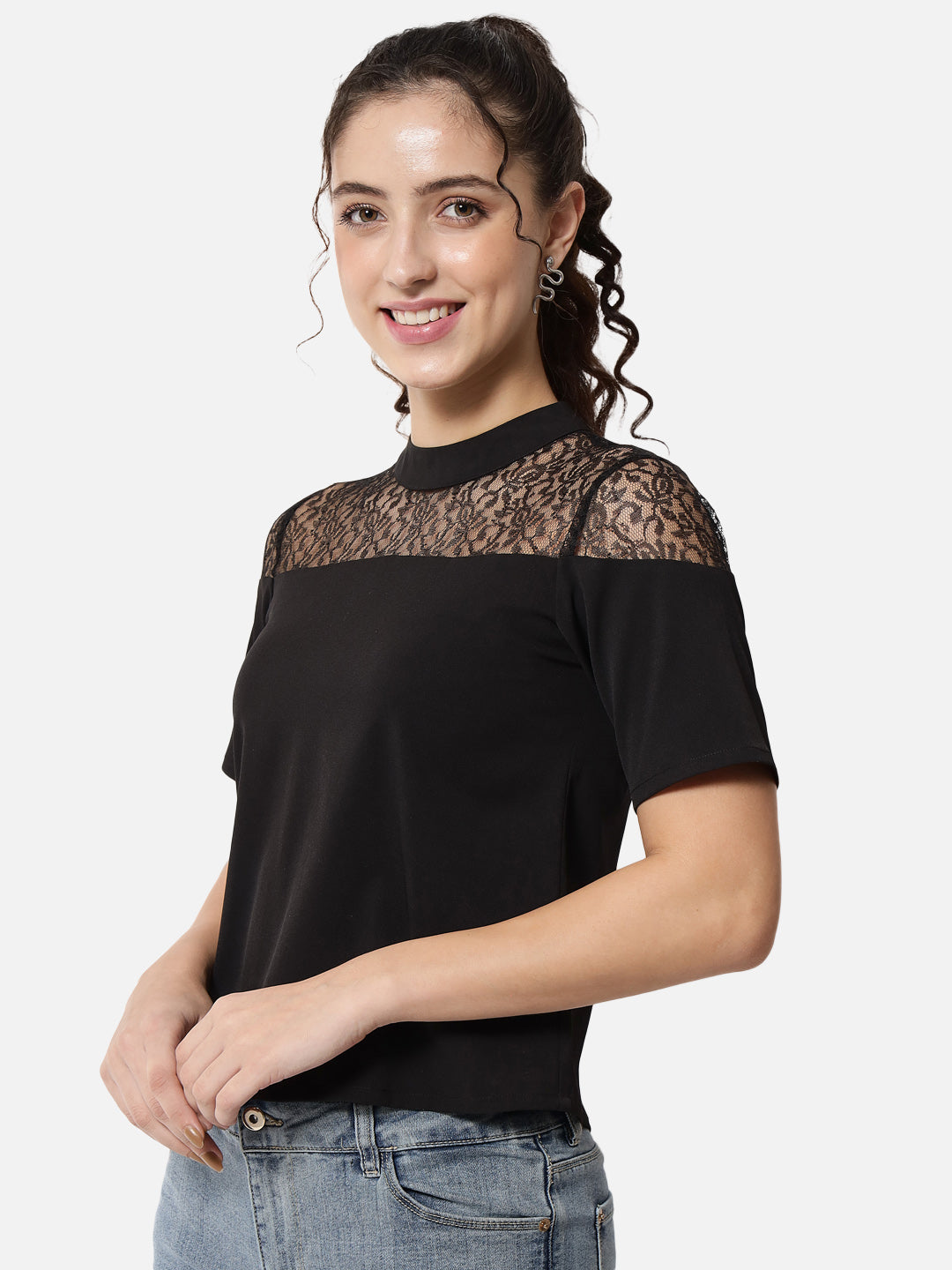 Black Solid Mock Neck Top for Women