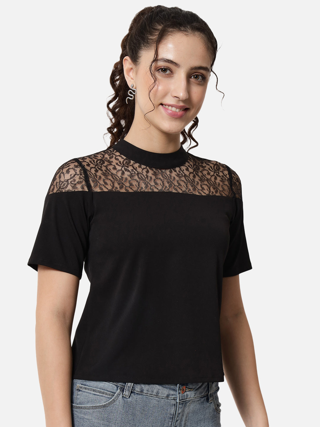 Black Solid Mock Neck Top for Women