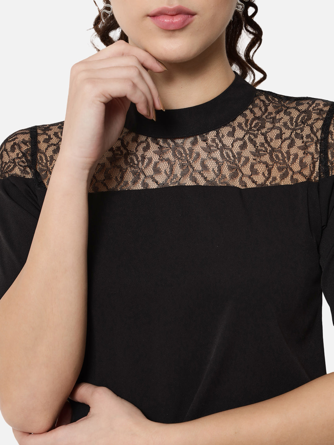 Black Solid Mock Neck Top for Women