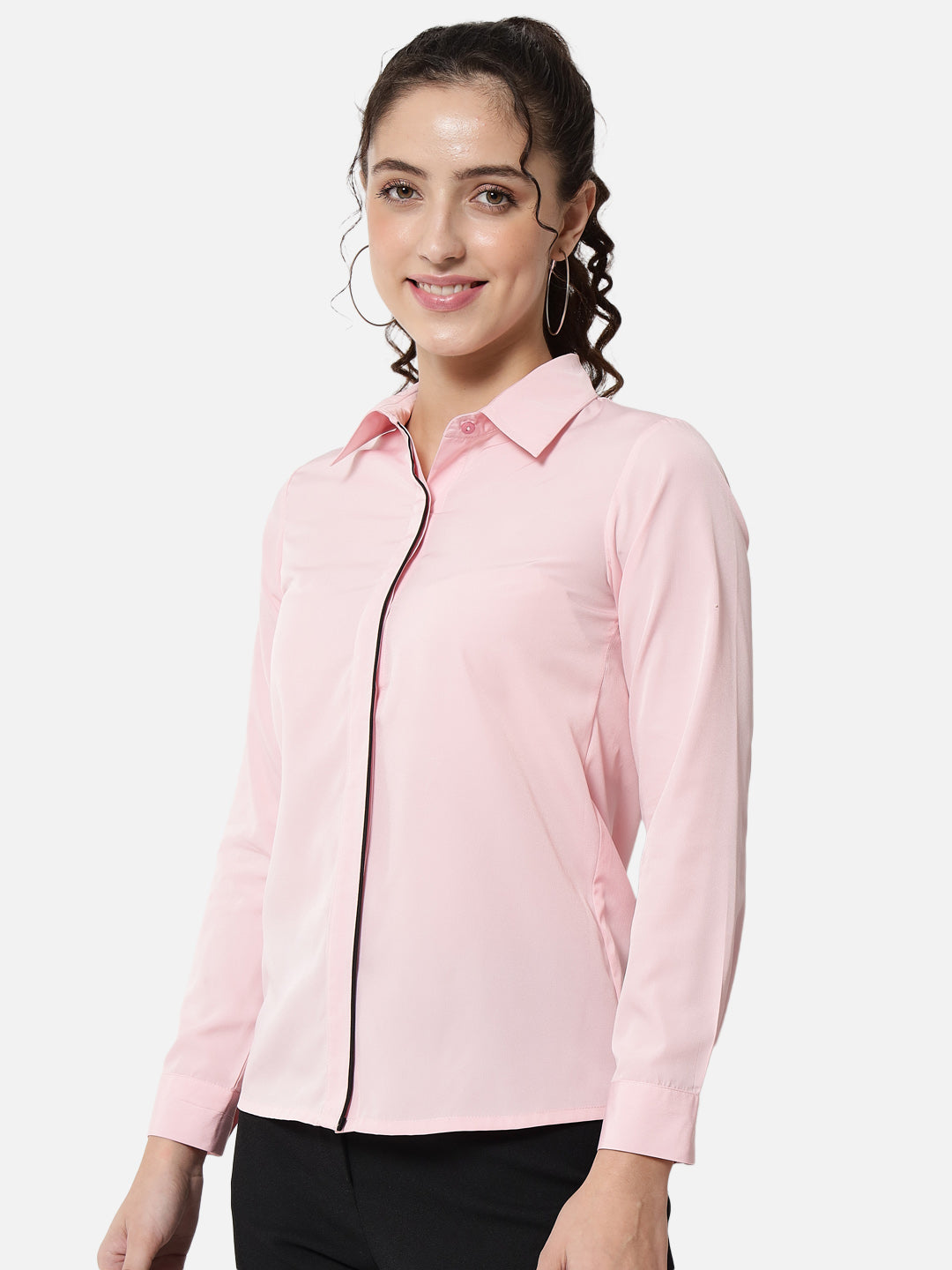 Solid Light Pink Full Cuff Sleeve Shirt for Women