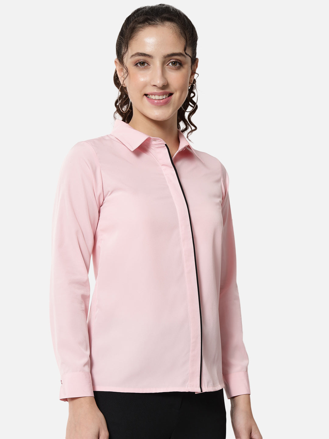 Solid Light Pink Full Cuff Sleeve Shirt for Women