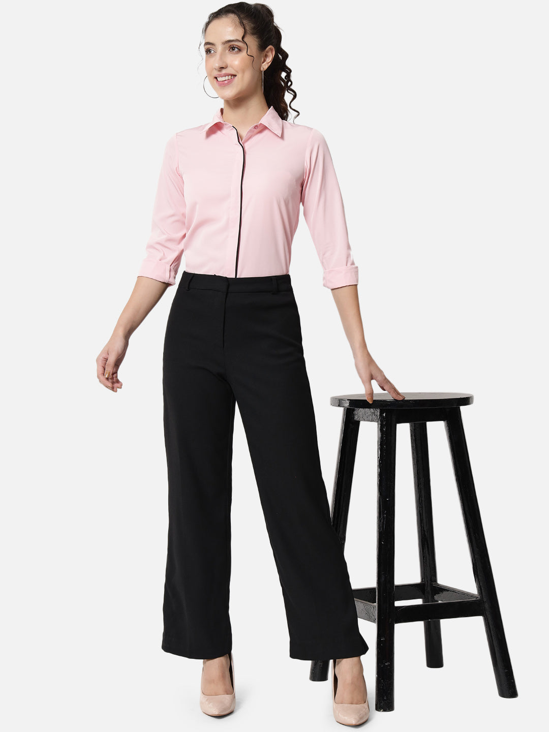 Solid Light Pink Full Cuff Sleeve Shirt for Women