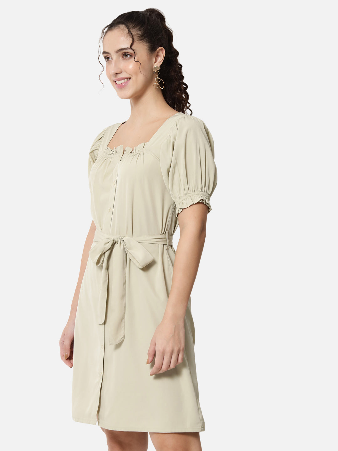Beige Solid Half Sleeve Dress for Women
