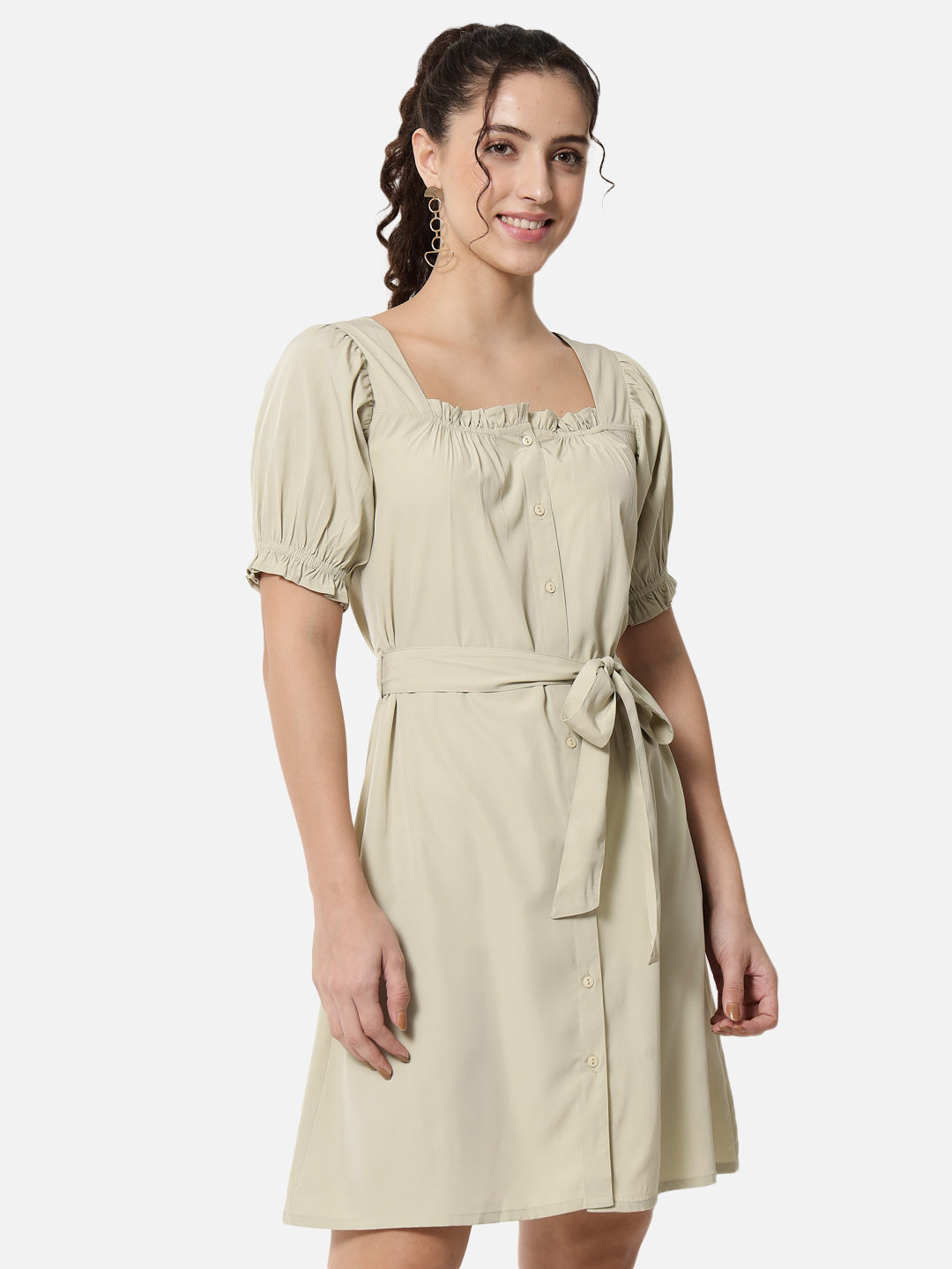 Beige Solid Half Sleeve Dress for Women