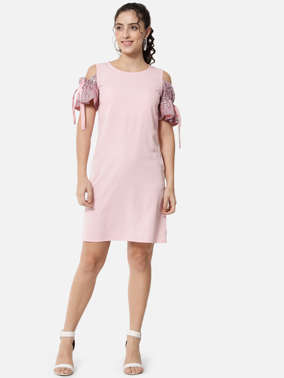Pink Solid Cold Shoulder Sleeve Dress for Women
