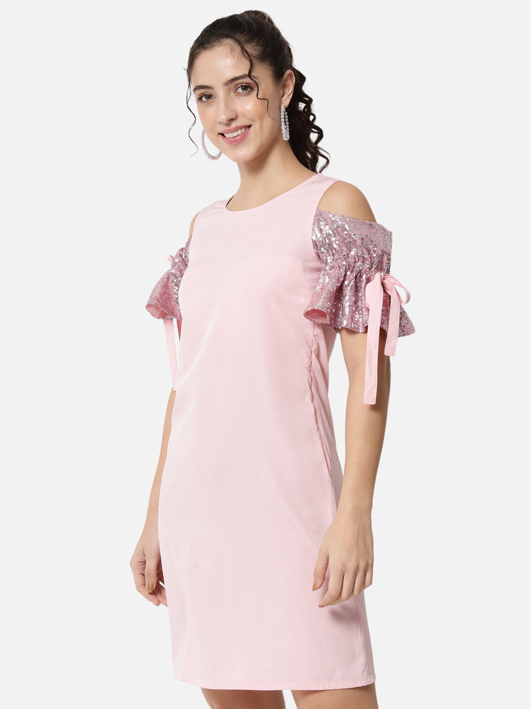 Pink Solid Cold Shoulder Sleeve Dress for Women