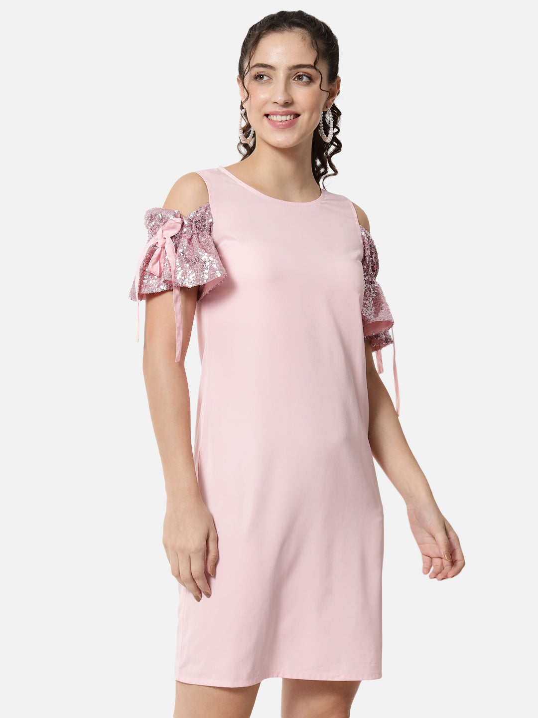 Pink Solid Cold Shoulder Sleeve Dress for Women