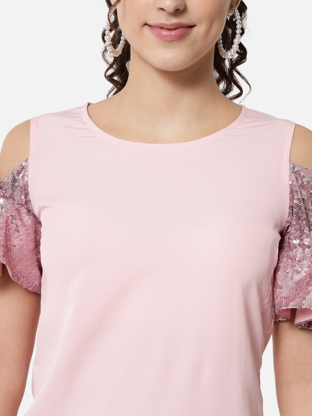 Pink Solid Cold Shoulder Sleeve Dress for Women