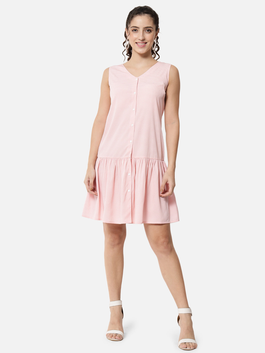 Pink Houndstooth Printed Sleeveless Dress for Women