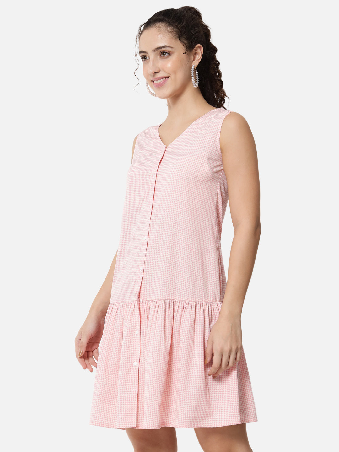 Pink Houndstooth Printed Sleeveless Dress for Women