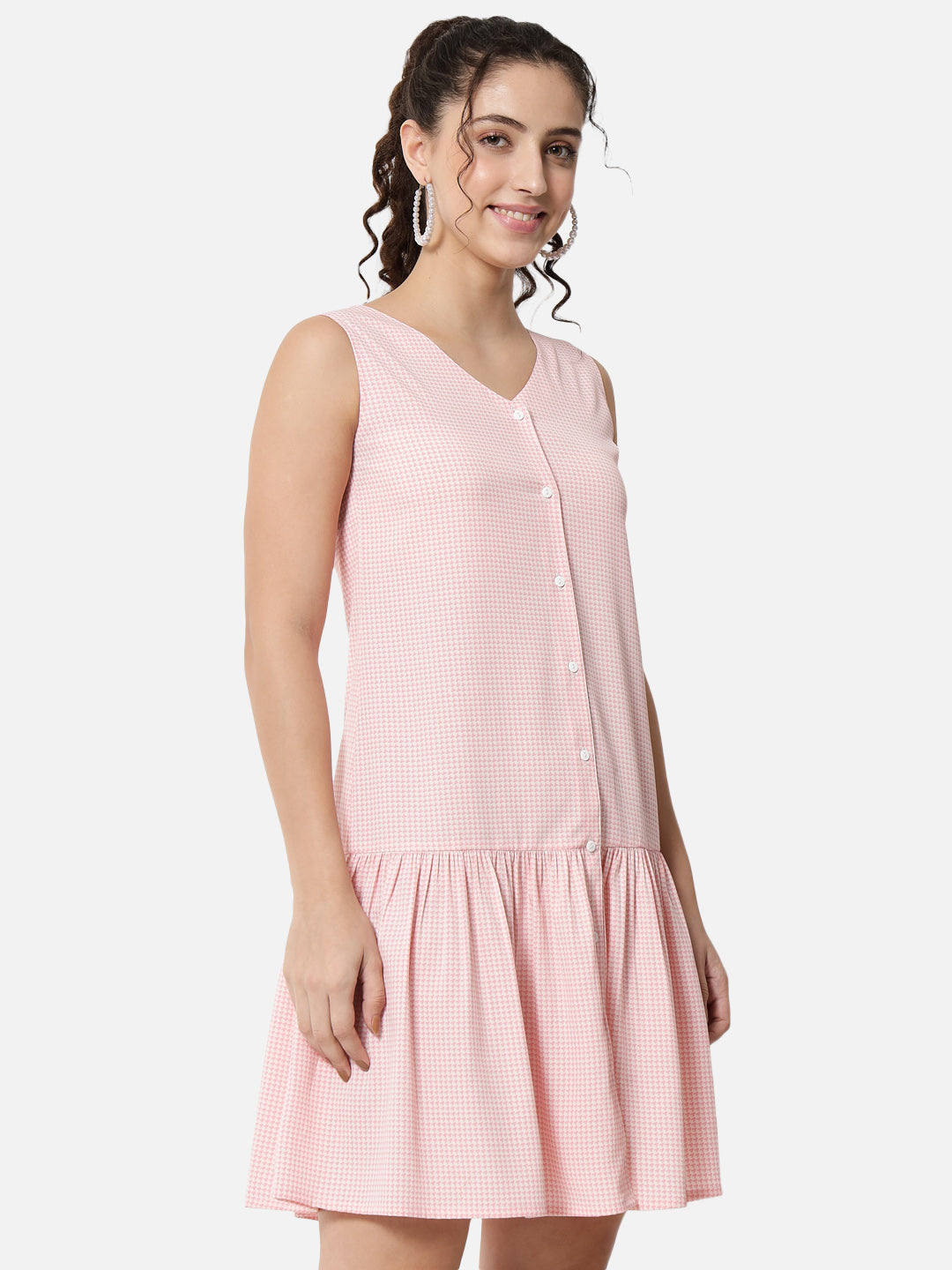 Pink Houndstooth Printed Sleeveless Dress for Women