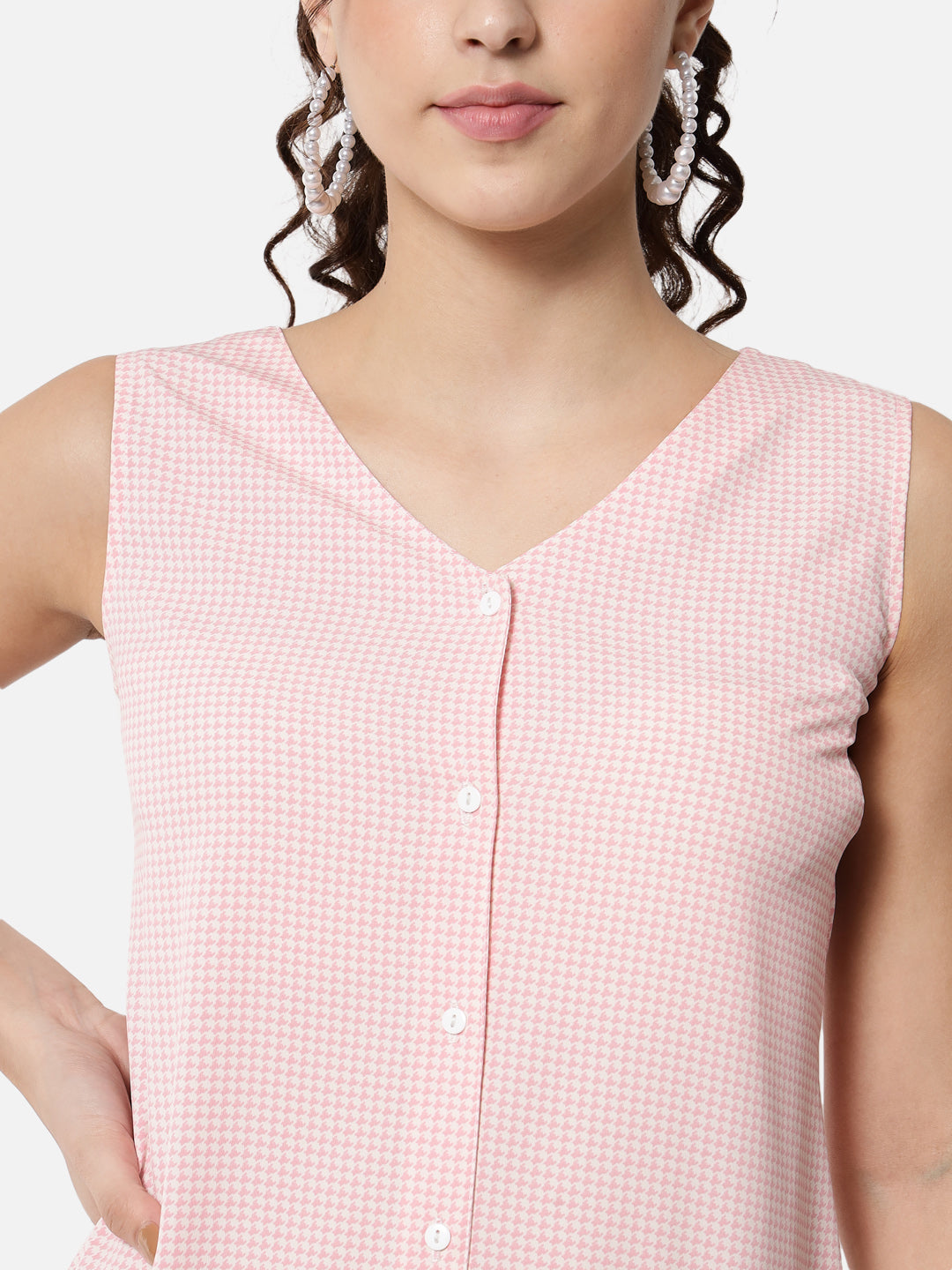Pink Houndstooth Printed Sleeveless Dress for Women