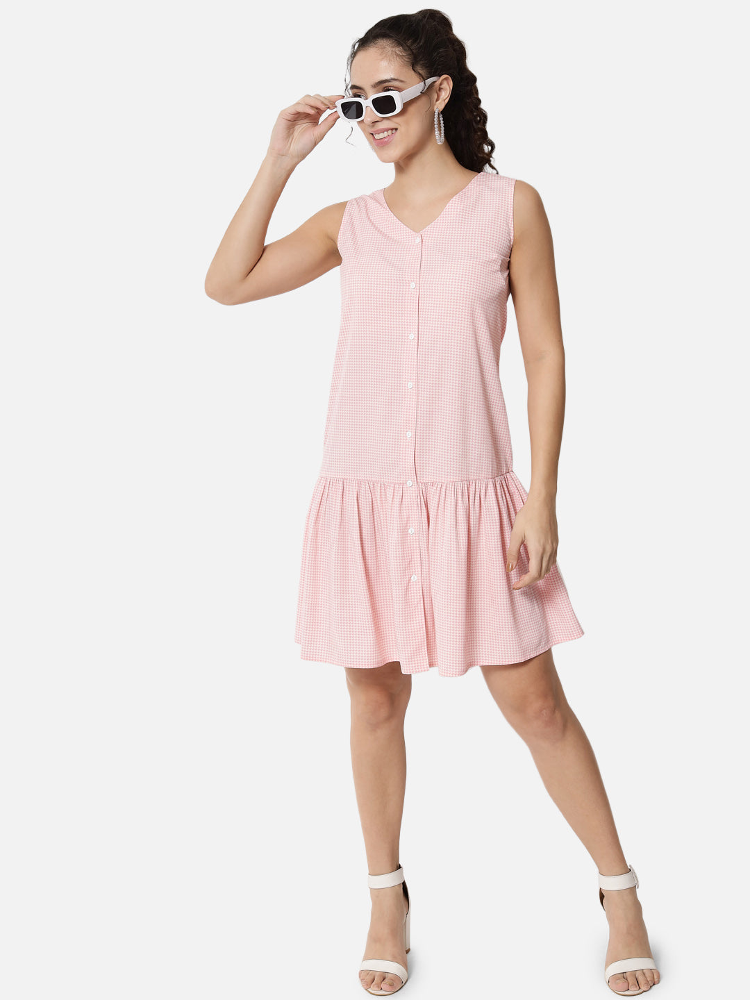 Pink Houndstooth Printed Sleeveless Dress for Women