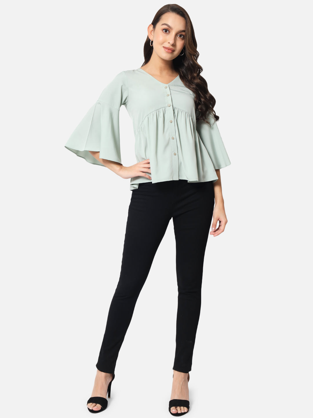 Light Green Solid Shirt Style Top for Women
