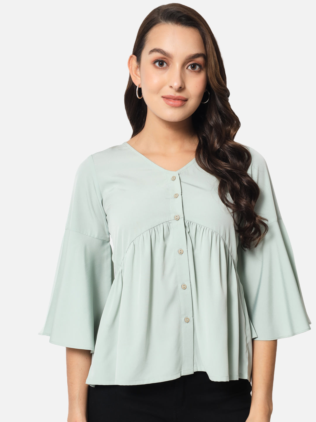 Light Green Solid Shirt Style Top for Women