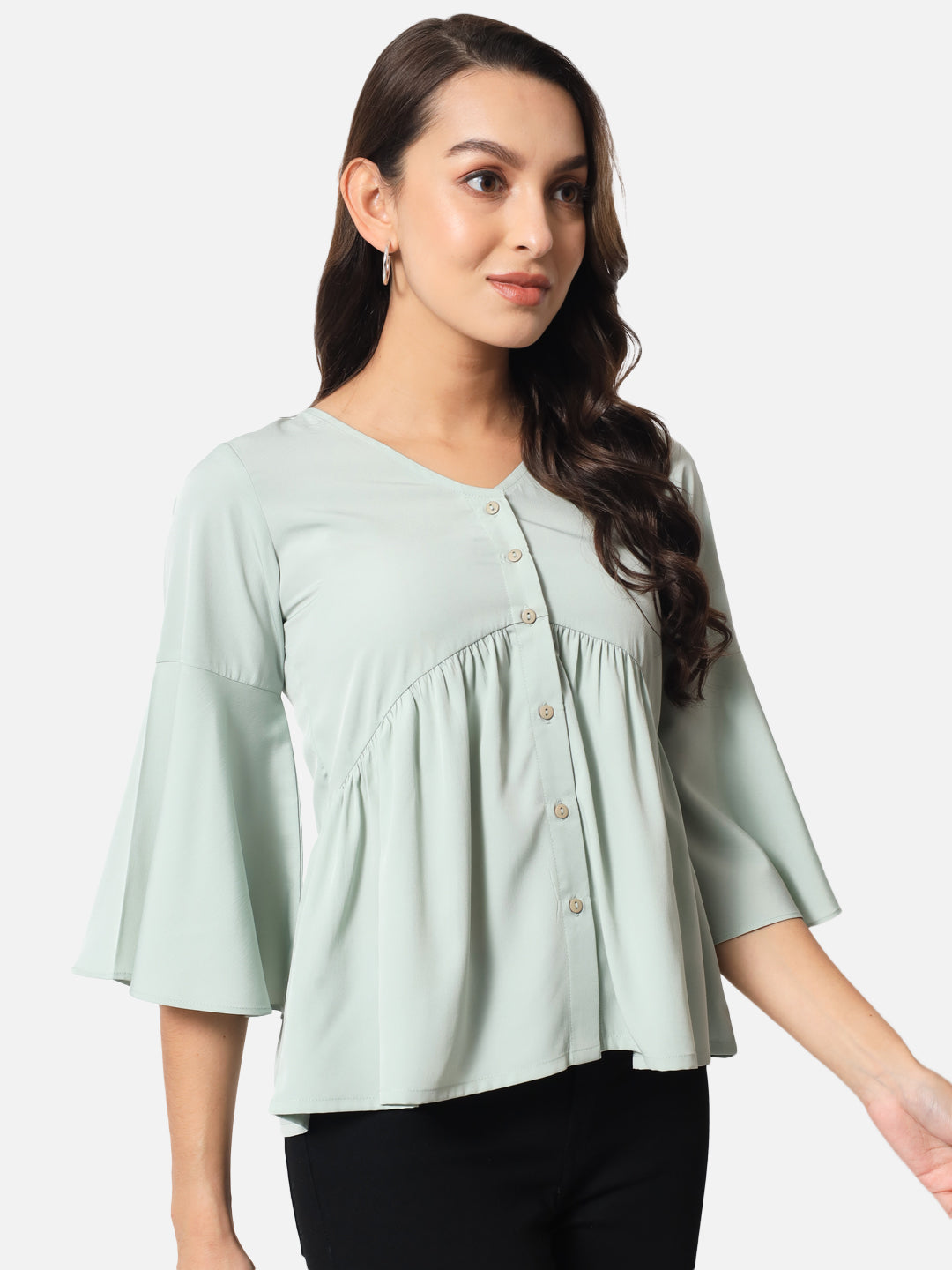 Light Green Solid Shirt Style Top for Women