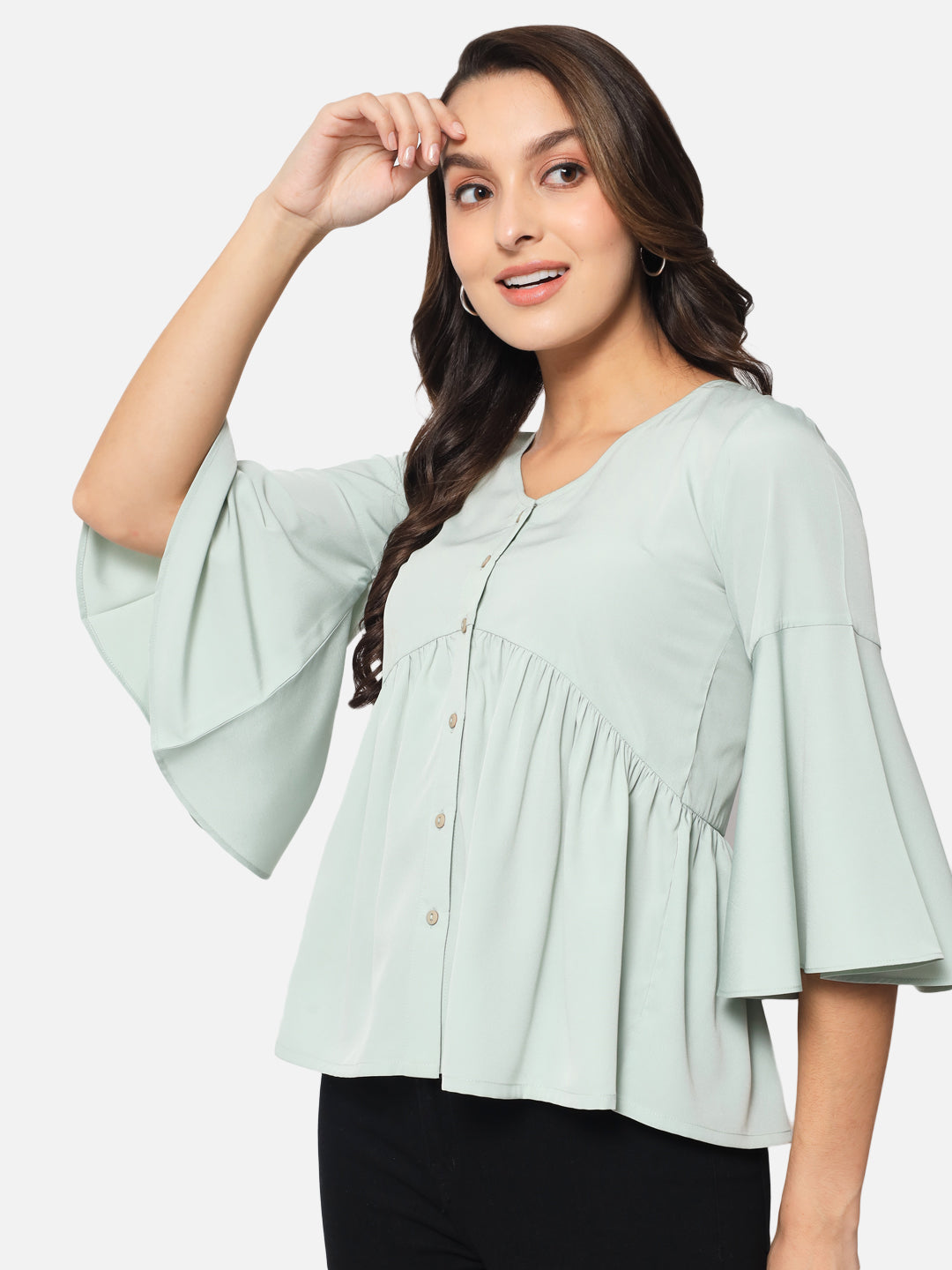 Light Green Solid Shirt Style Top for Women