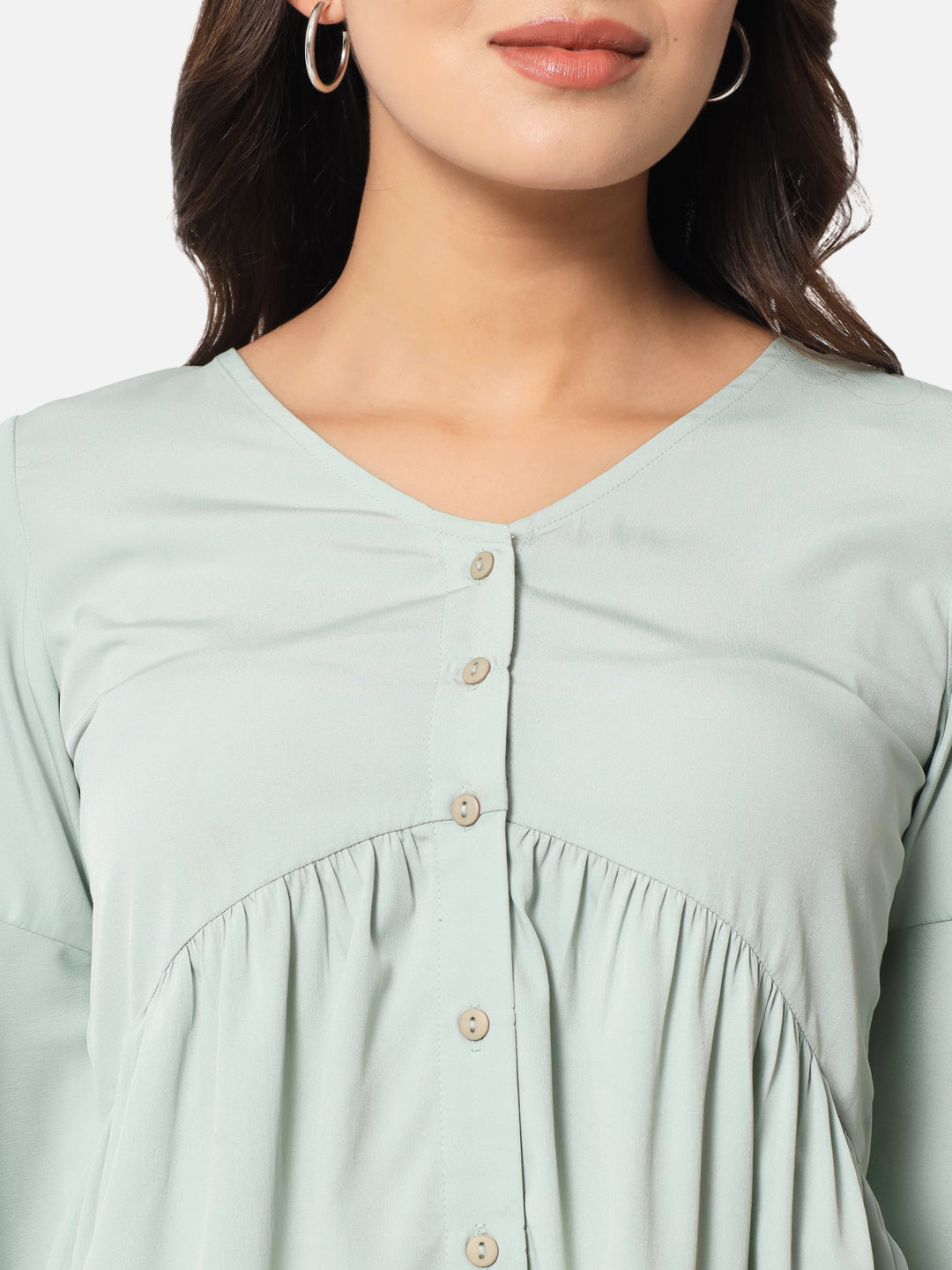 Light Green Solid Shirt Style Top for Women