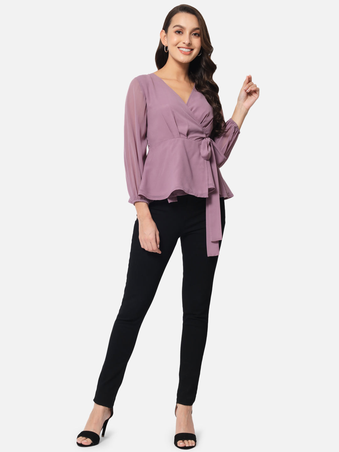 Purple Solid V-Neck Wrap Top for Women