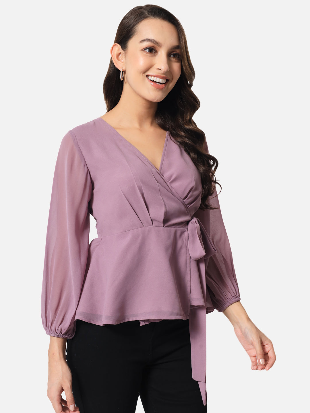 Purple Solid V-Neck Wrap Top for Women