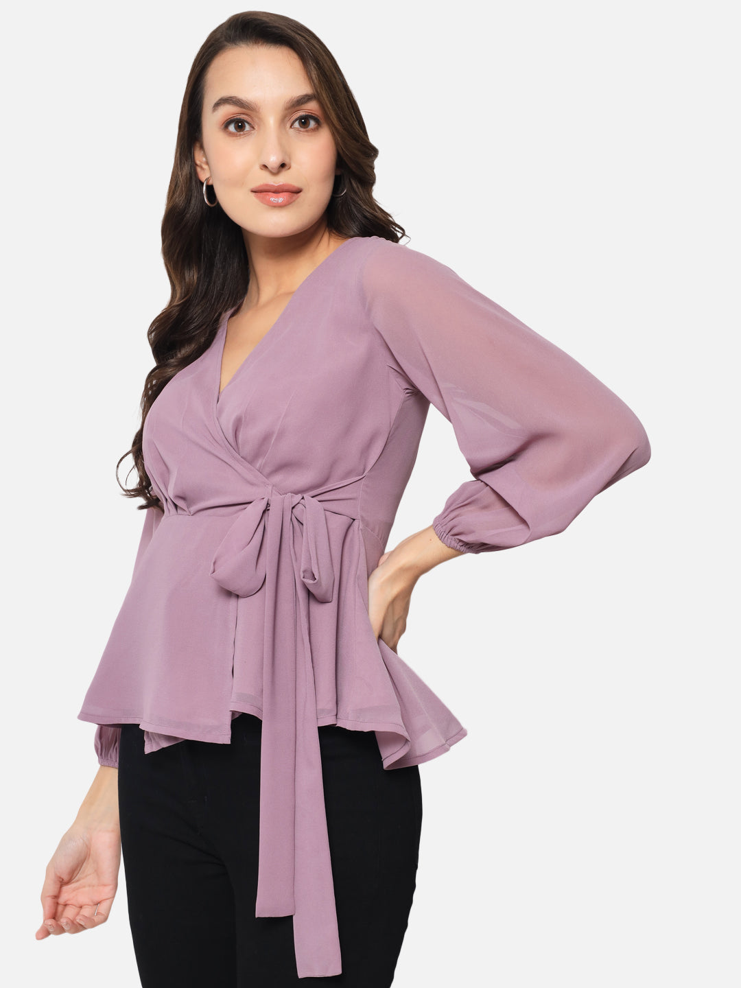 Purple Solid V-Neck Wrap Top for Women