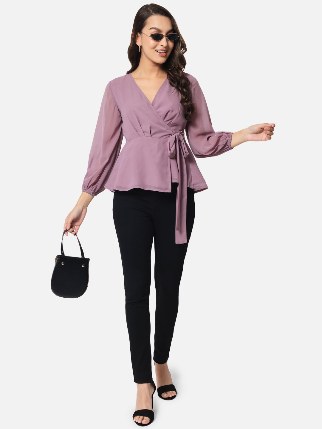 Purple Solid V-Neck Wrap Top for Women