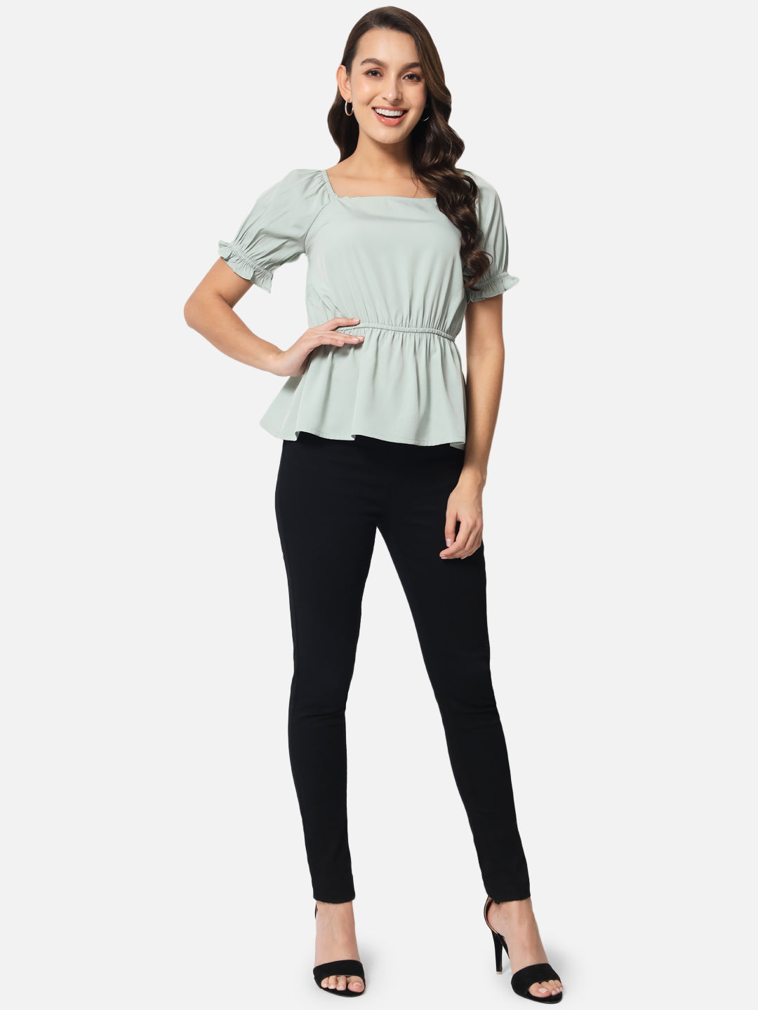 Light Green Solid Square Neck Top for Women