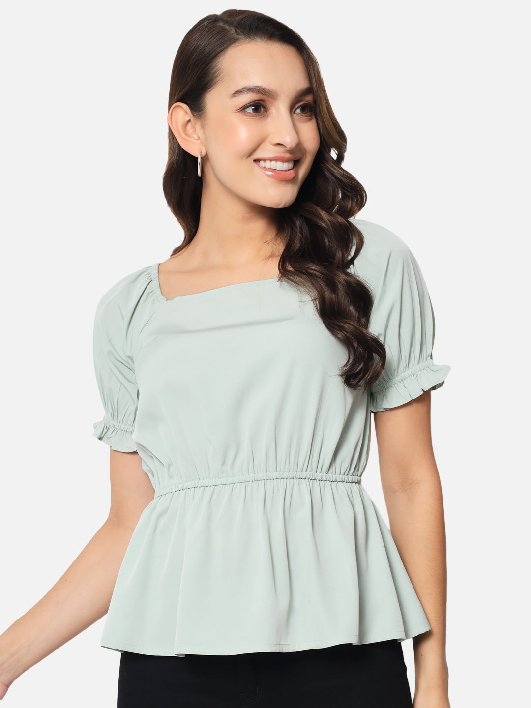 Light Green Solid Square Neck Top for Women