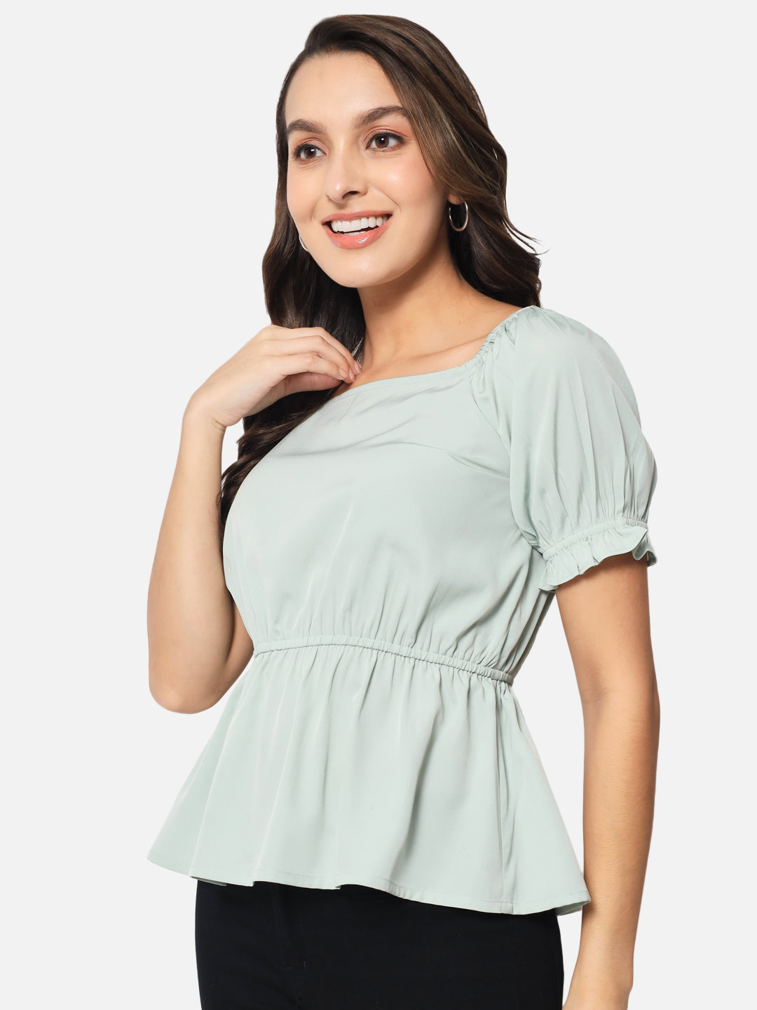 Light Green Solid Square Neck Top for Women