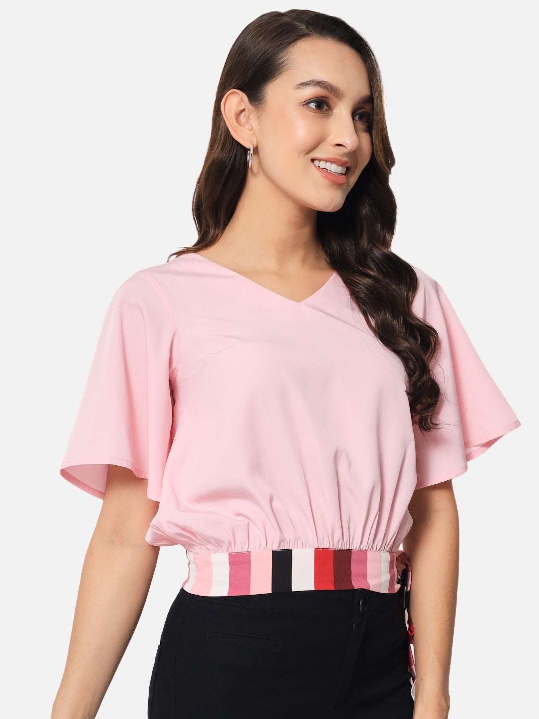 Pink Solid Half Sleeve Top for Women
