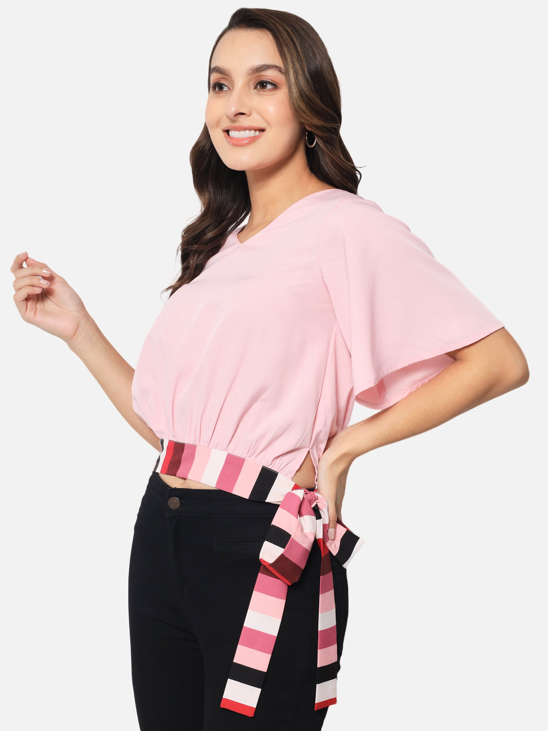 Pink Solid Half Sleeve Top for Women