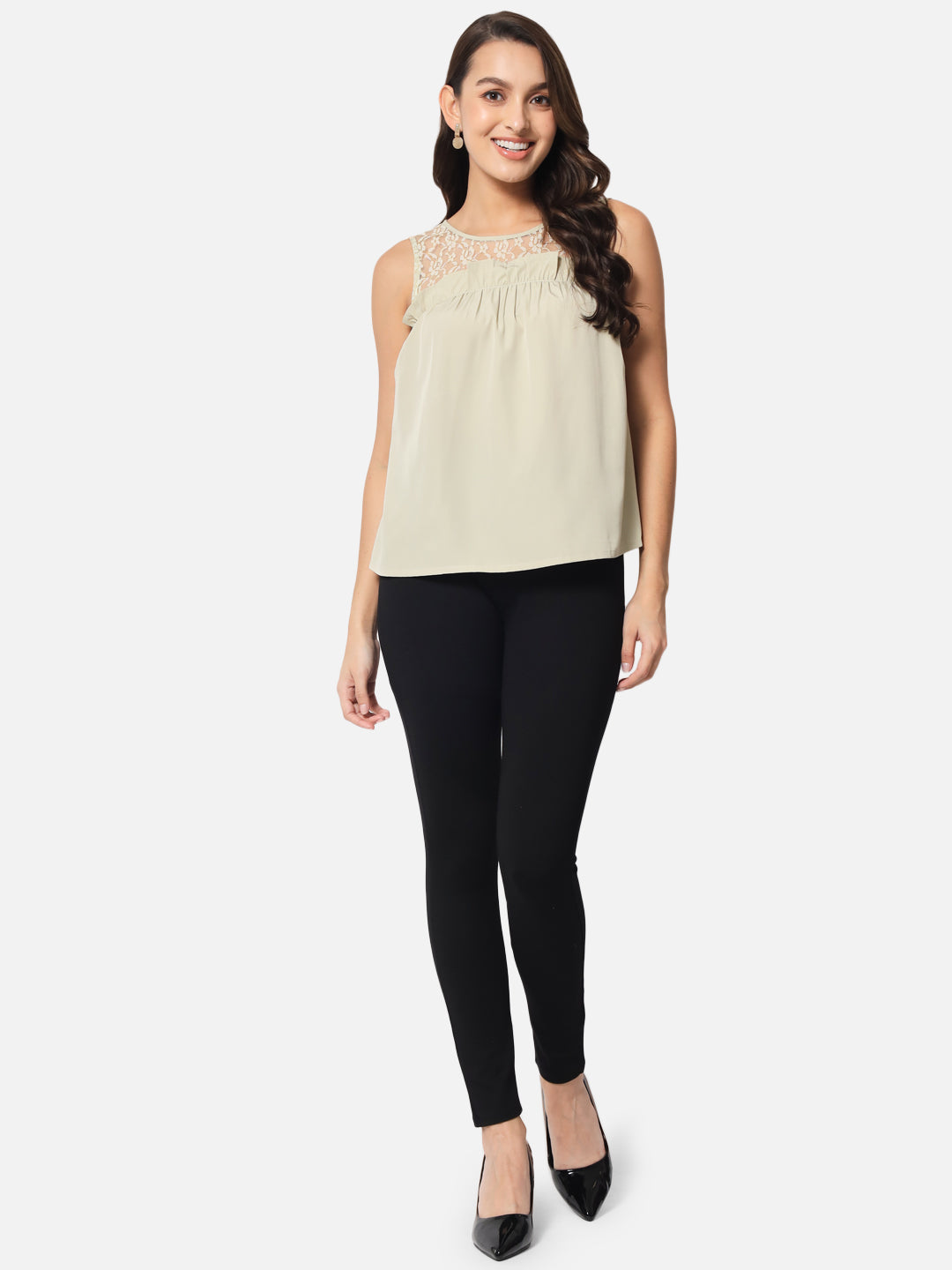 Beige Solid Sleeveless Top for Women