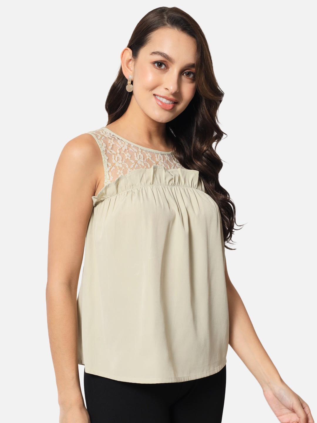 Beige Solid Sleeveless Top for Women
